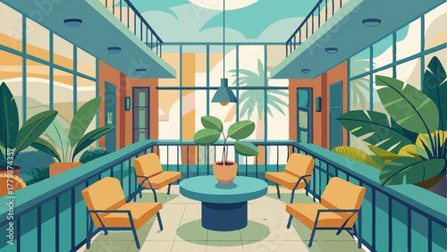 A balcony overlooking the atrium with potted plants and cozy seating areas.