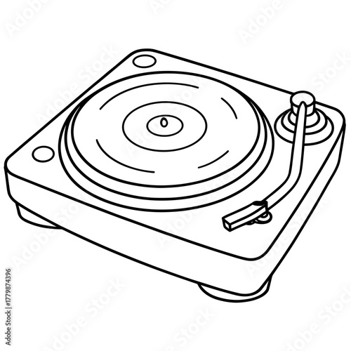 Line art of a vintage turntable with stylus and platter  