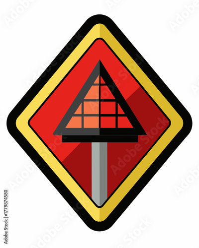 A diamondshaped yield sign with a solar panel on the back providing energy for the flashing red lights around the perimeter.. Vector illustration