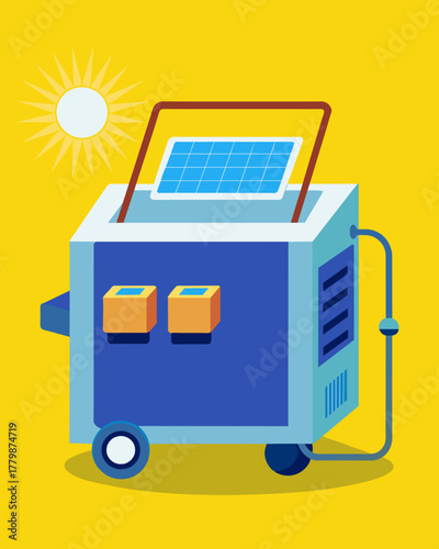 A compact and lightweight ice maker that can be easily carried and powered by the sun.. Vector illustration