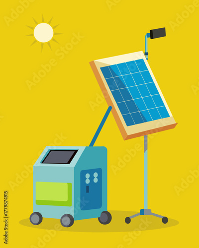 A compact and portable cooling system that can be easily set up in remote locations powered solely by solar energy for efficient and convenient cooling.. Vector illustration