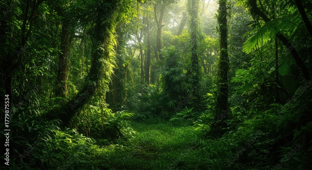 Obraz premium Extremely dense tropical rainforest background featuring lush green foliage, tangled vines, giant ferns, and exotic plants bathed in diffused sunlight, plants, natural, fern