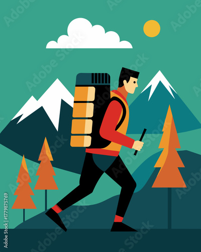 A backpacker trudged up the mountain their bulky battery pack now rep with a sleek solarpowered one lightening their load in more ways than one.. Vector illustration