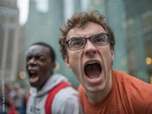 Man with glasses and orange shirt shouting loudly with intense expression outdoors with blurred background and another shouting person in hoodie