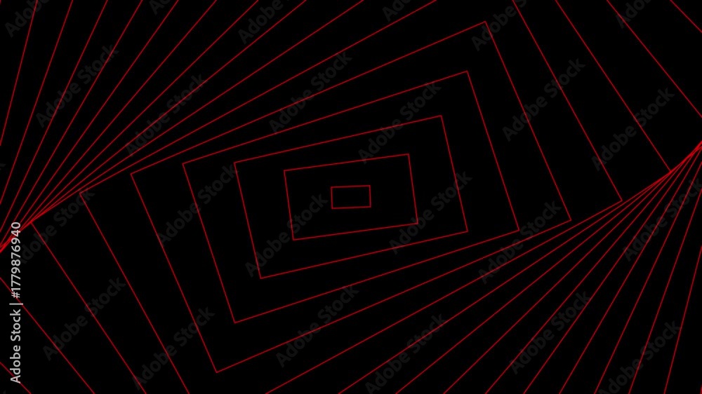 Red geometric spiral pattern of nested rectangles on a black background creating an optical illusion