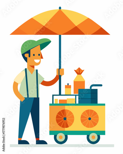 A friendly vendor selling a variety of handmade goods from their solarpowered cart which also doubles as a portable fan to keep customers cool on warm days.. Vector illustration