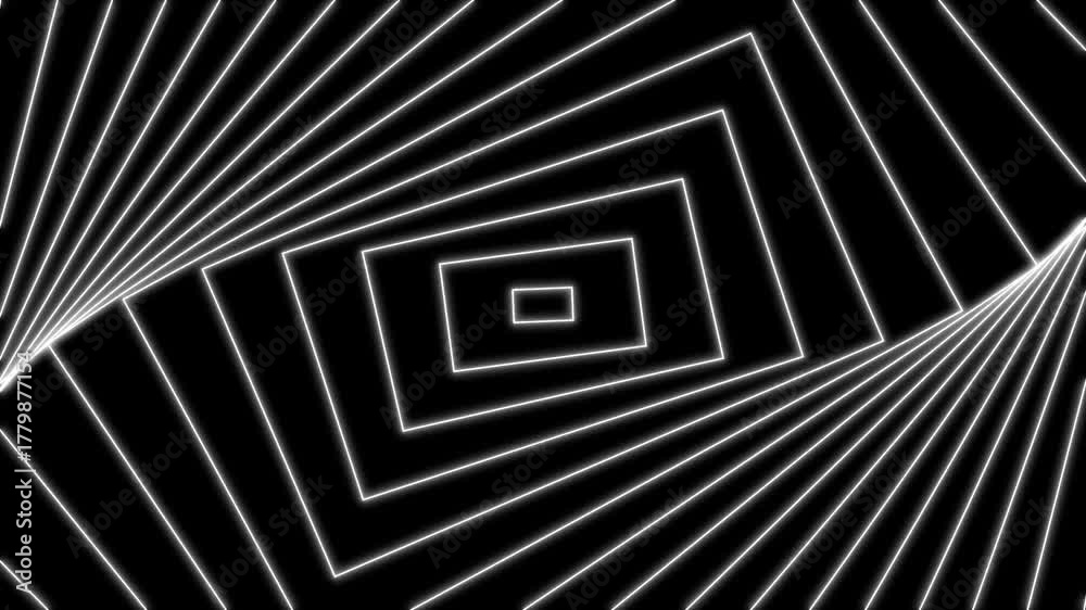 White geometric spiral pattern of nested rectangles on a black background creating an optical illusion