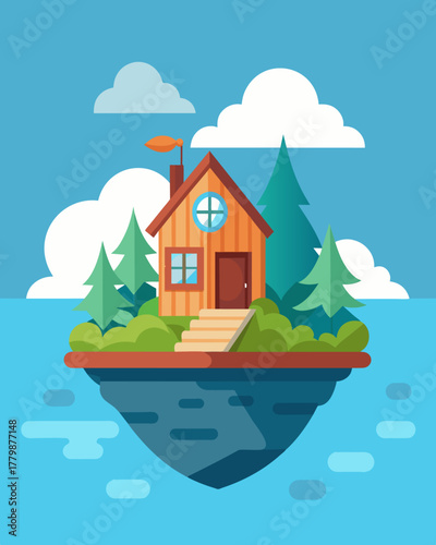 A quaint and charming floating cottage providing a refreshing change of scenery for a writer working on their next novel.. Vector illustration