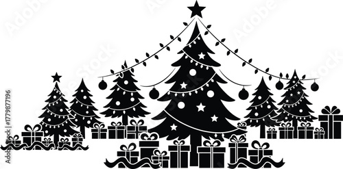 Christmas tree silhouettes, festive gift boxes, hanging ornaments, black and white design, holiday celebration, seasonal decoration, symmetrical festive illustration