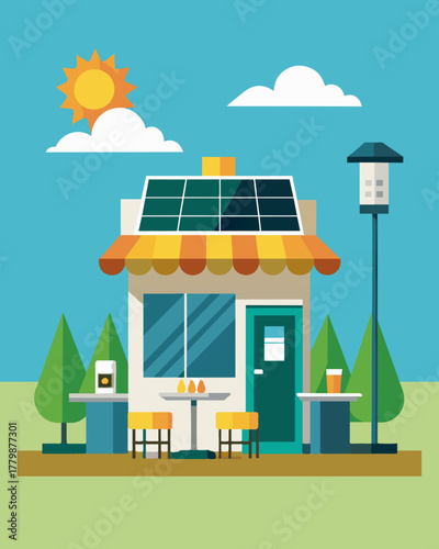 A charming roadside cafe powered entirely by solar energy and featuring quaint outdoor seating and charging stations perfect for a quick pitstop and a recharge of both devices and. Vector illustration