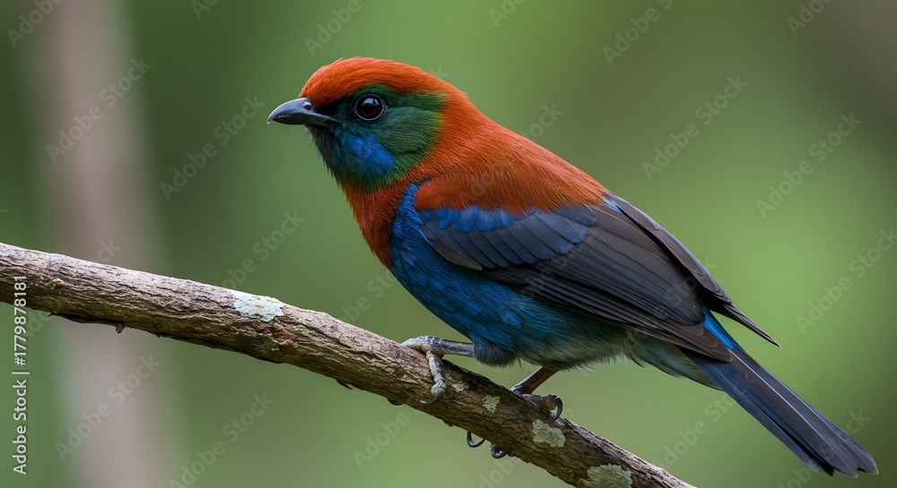 Obraz premium Painted Bunting Perched: A vibrantly colored Painted Bunting perches gracefully on a slender branch, showcasing its striking plumage against a blurred natural backdrop. 
