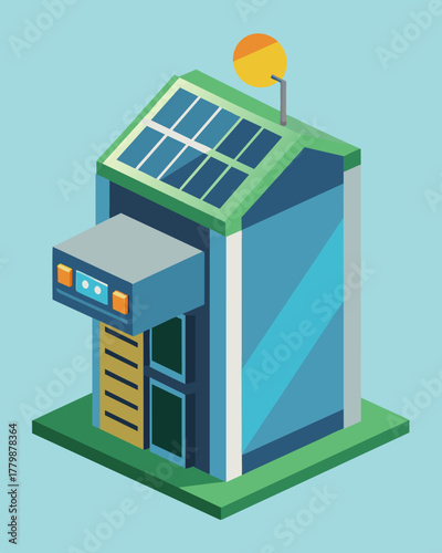 A futuristiclooking storage unit attached to a solar panel storing up energy for later use.. Vector illustration