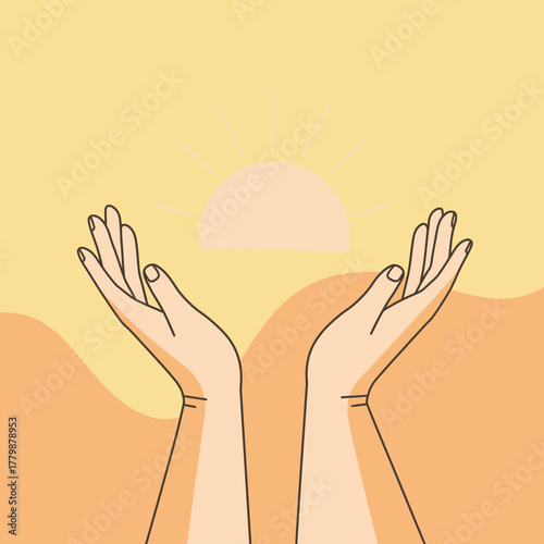 Line art of two open hands holding a rising sun, symbolizing hope, spirituality, and a new day.