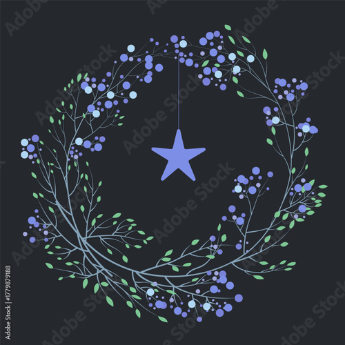 Blue Christmas wreath on a dark background with a star. New Year's card, banner. Holiday vector illustration