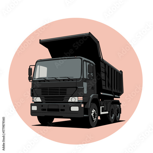 A black dump truck illustration with its bed slightly raised against a pink background.