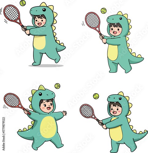 Cute cartoon child in a green dinosaur costume playing tennis in four different action poses.
