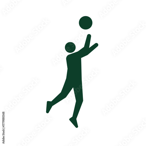 A minimalist dark green icon of a basketball player jumping in mid-air to shoot or rebound the ball.