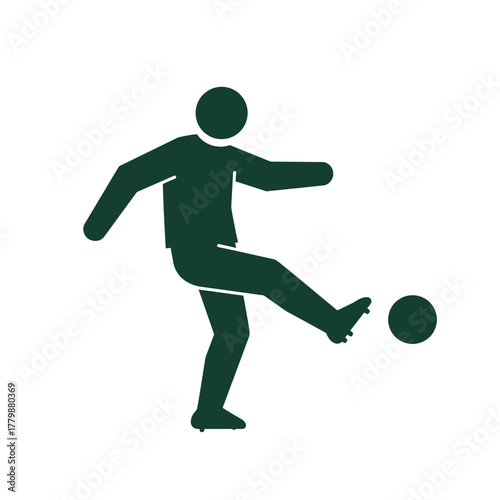 A stylized dark green silhouette of a person in motion, kicking a soccer ball with their right foot, depicted against a white background.