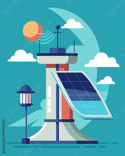 A futuristiclooking weather station featuring a large curved solar panel at its center continuously gathering energy to power its advanced forecasting algorithms.. Vector illustration