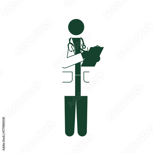 A dark green silhouette icon of a doctor stick figure with a stethoscope writing on a clipboard.