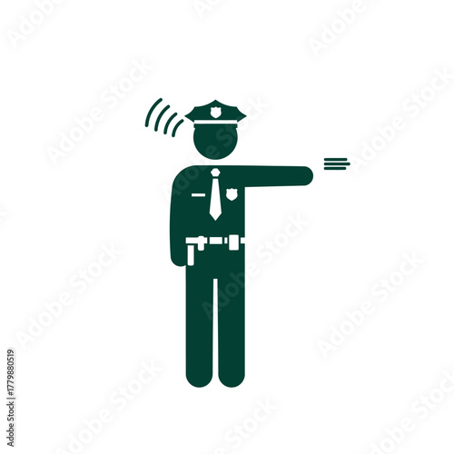 A uniformed officer in a silhouette, directing traffic with an outstretched arm and a signal emanating from their head.