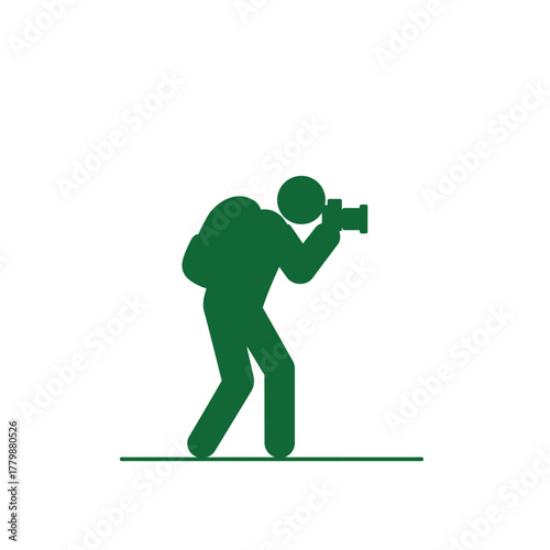 Stylized green silhouette of a person carrying a backpack and holding a camera to take a picture.