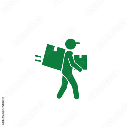 Green silhouette of a delivery person carrying packages, walking quickly.