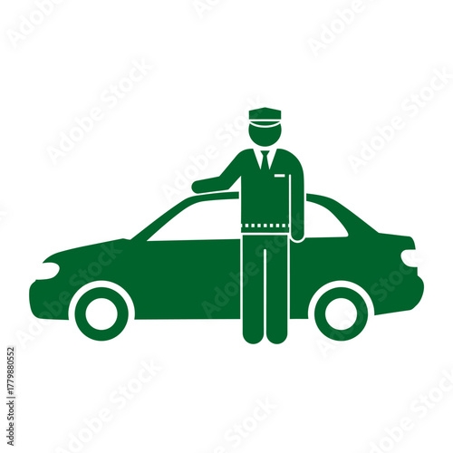 Green icon illustration of a valet standing next to a car in a simple, flat design.