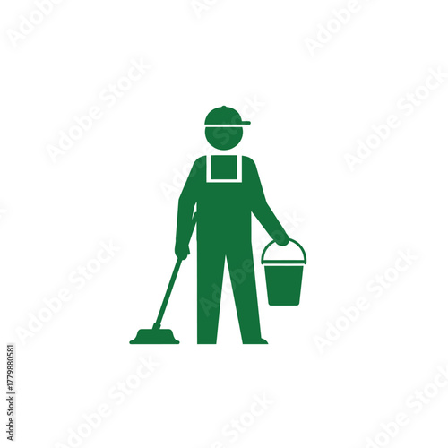 A green icon of a janitor or cleaner in overalls, holding a mop and a bucket, representing professional cleaning services.