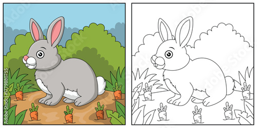 Cute cartoon rabbit, funny illustration, coloring book for kids and children.