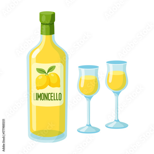 Vector illustration of bottle of Italian limoncello with two glasses with lemon liqueur 