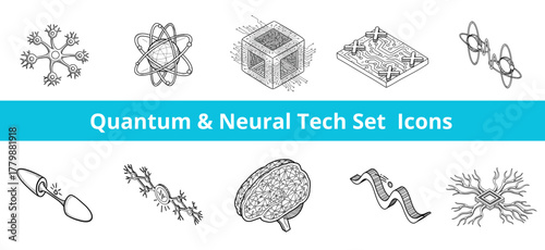 Quantum & Neural Tech Set Icons Hand Drawn Vector for Scientific Presentation and Educational Material