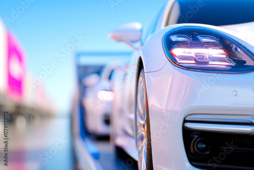 Luxury vehicles loaded on auto carrier transport logistics highway shipment