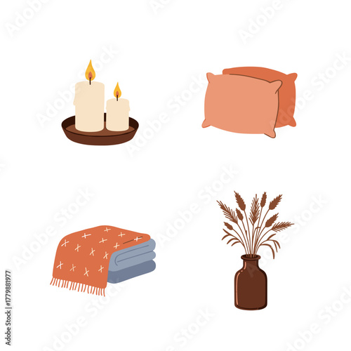 Hygge Cozy Home Elements Vector Set: Candles, Pillow, Blanket, Wheat for Autumn Lifestyle Blog and Decoration