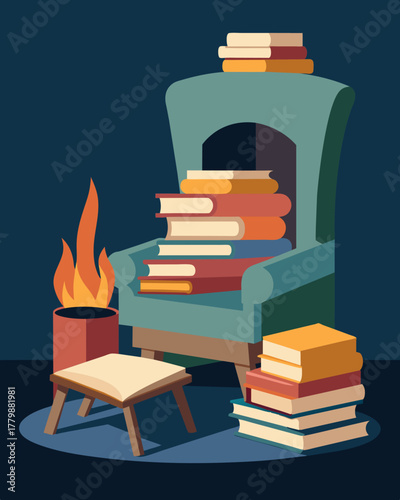A pile of books and a wornout reading chair by the fireplace suggest that the freelancer also indulges in moments of relaxation and introspection amidst their busy work schedule.. Vector illustration