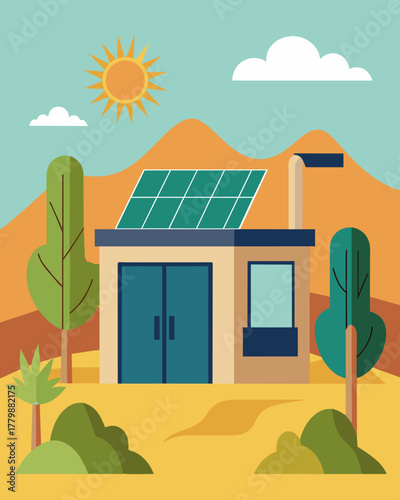 A desert oasiss public restroom equipped with a solarpowered composting making use of the suns energy while reducing water waste.. Vector illustration