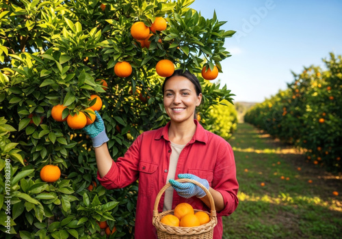 Female farmer gardener in red shirt smiling and standing under orange tree plant that ready for harvest in orange garden field in summer sunny day