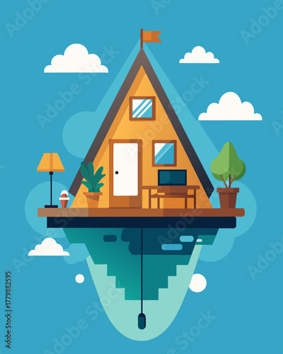 A floating cottage with a cozy loft bedroom and a spacious living area converted into a home office for remote work.. Vector illustration
