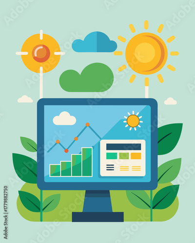 A digital energy dashboard that tracks the amount of solar energy being generated and consumed in a particular location encouraging sustainable energy practices.. Vector illustration