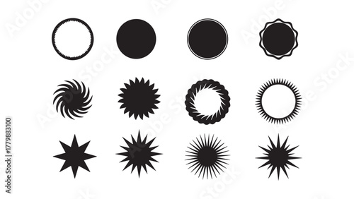 Circle sticker set. Wavy edge promo black badges. Star burst shape tags for price. Blank sale stickers. Simple silhouette.