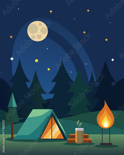 A cozy campsite the perfect spot for stargazing featuring solarpowered garden lights that add a touch of comfort to the wilderness.. Vector illustration