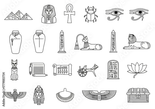A collection of ancient Egyptian culture and history symbols. Outline vector icons set including pharaoh, pyramid, and ankh