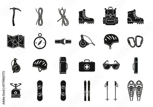 Comprehensive vector icon set featuring essential equipment for mountaineering, climbing, and winter sports. Glyphs representing gear for alpinism, skiing, and hiking adventures