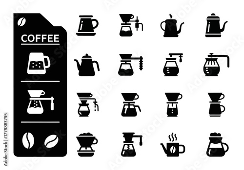 A collection of black glyph icons representing various coffee brewing methods and equipment, including pour-over drippers, kettles, and carafes