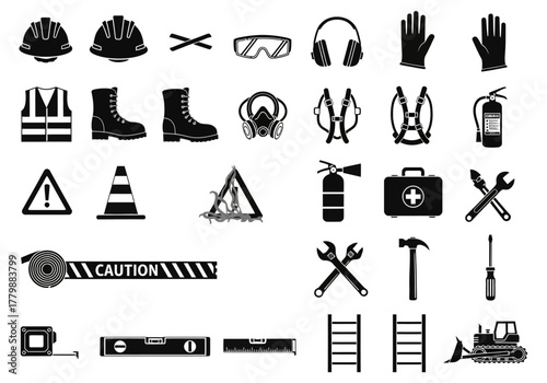 A comprehensive icon set of construction site safety equipment and personal protective gear. Simple black vector symbols for industrial use