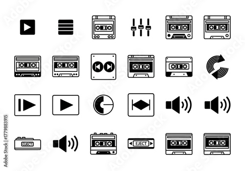 Simple black and white icons featuring retro cassette tapes and digital audio player interface symbols collection