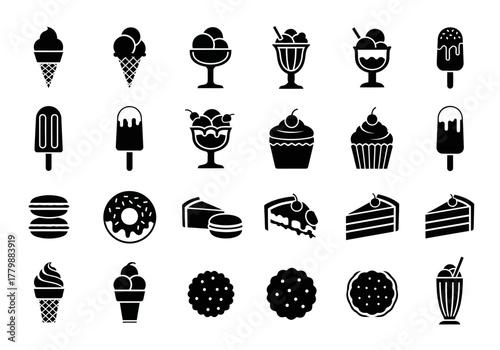 Sweets and desserts icon set. A collection of solid black glyphs including ice cream, cake, cookies, and pastries for web and print design