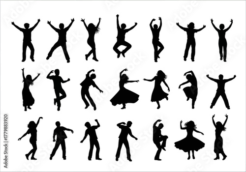 Collection of black silhouettes of people jumping and dancing with joy. Vector illustration set of happy figures in motion