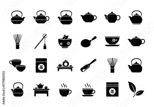 Glyph icon collection of traditional Japanese tea ceremony equipment and accessories on a white background