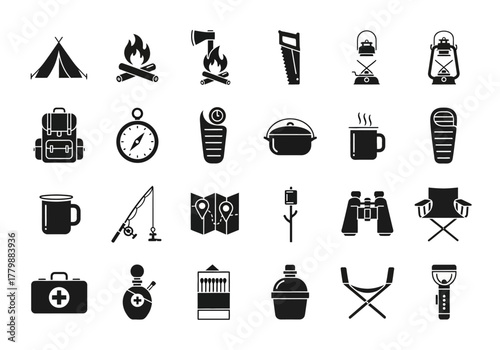 Black silhouette icon set for camping, hiking, and outdoor recreation. Vector glyph collection of essential travel and survival equipment